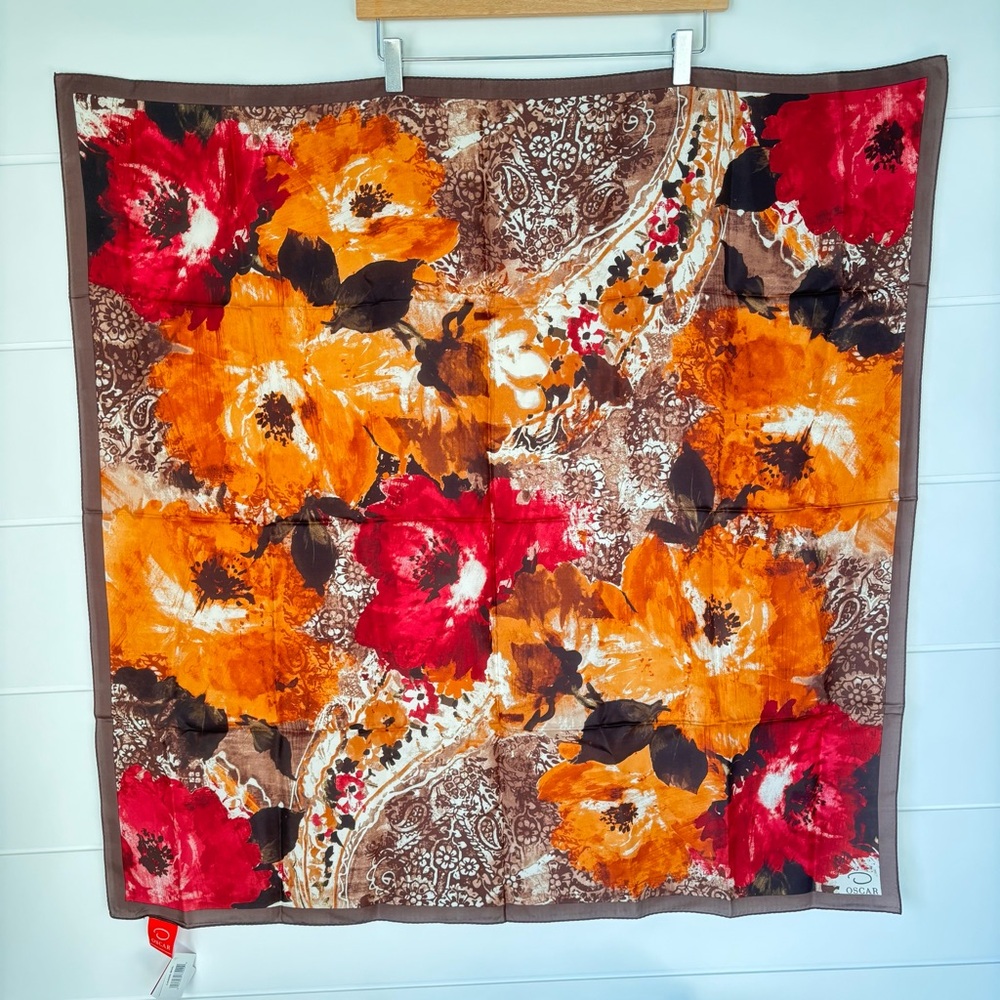 Floral Print Silk Scarf in Orange & Red